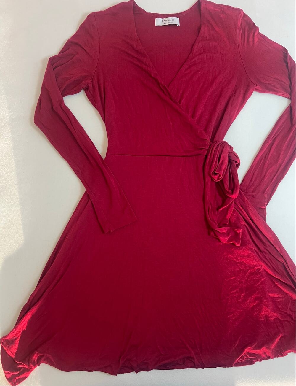 Bailey 44 Womens S Burgundy Red Faux Wrap Tie Waist Long Sleeve Mini Dress USA